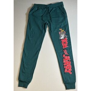 Tom and Jerry Teal Jogger Sweatpants Cartoon Graphic Drawstring Size S